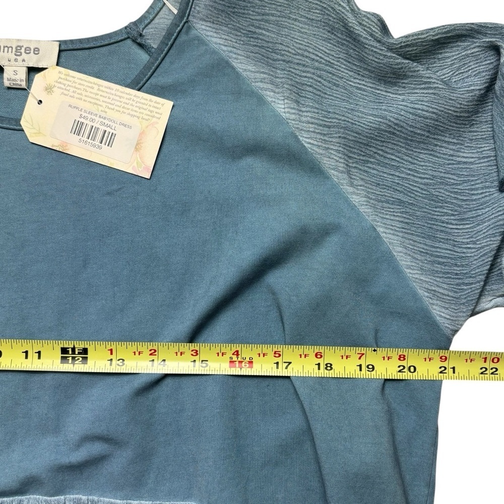 NEW Umgee Ruffle Sleeve Babydoll Shift Dress • Size S • Cotton Blend Washed Blue - Picture 5 of 10